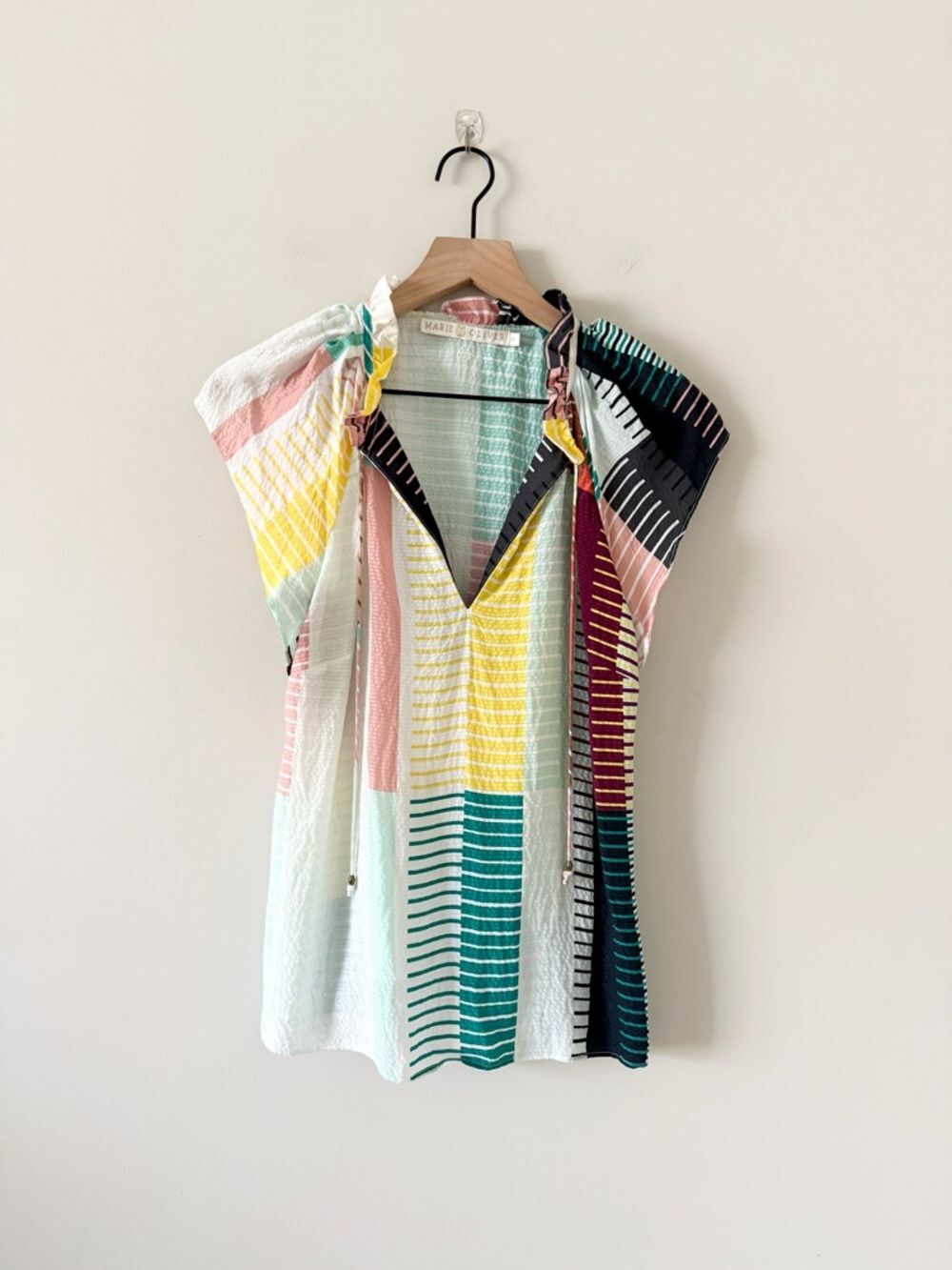 Marie Oliver Mint, Pink & Navy Striped V-Neck Silk Tunic Top Size XS